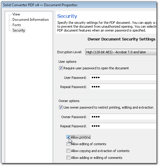 You can now specify the security settings for the PDF document.