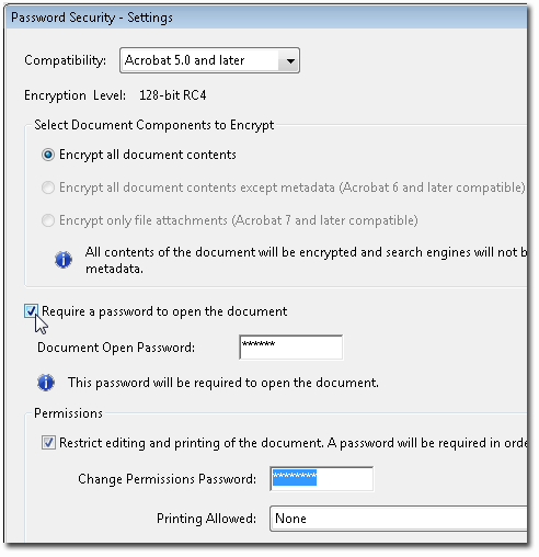 You can now specify the security settings for the PDF document.