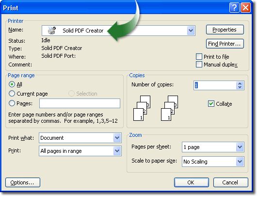 打印到 Solid PDF Tools 打印机驱动器